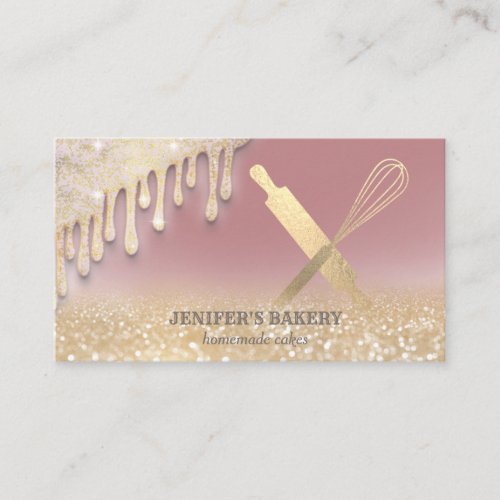 Glittery gold drips rolling pin whisk chef bakery business card