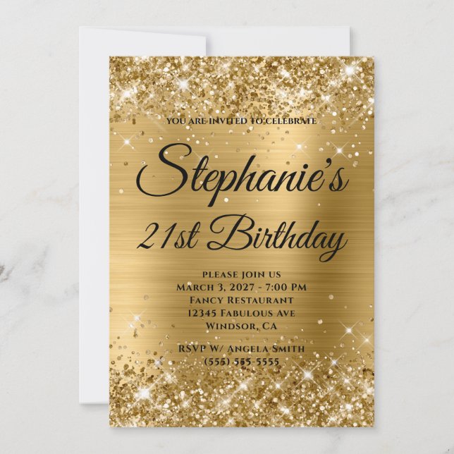 Glittery Gold Fancy Monogram 21st Birthday Invitation (Front)