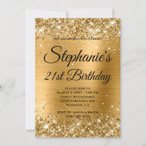 Glittery Gold Fancy Monogram 21st Birthday Invitation