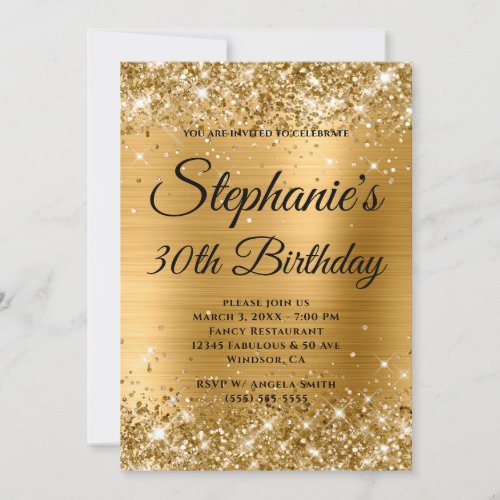 Glittery Gold Fancy Monogram 30th Birthday Invitation