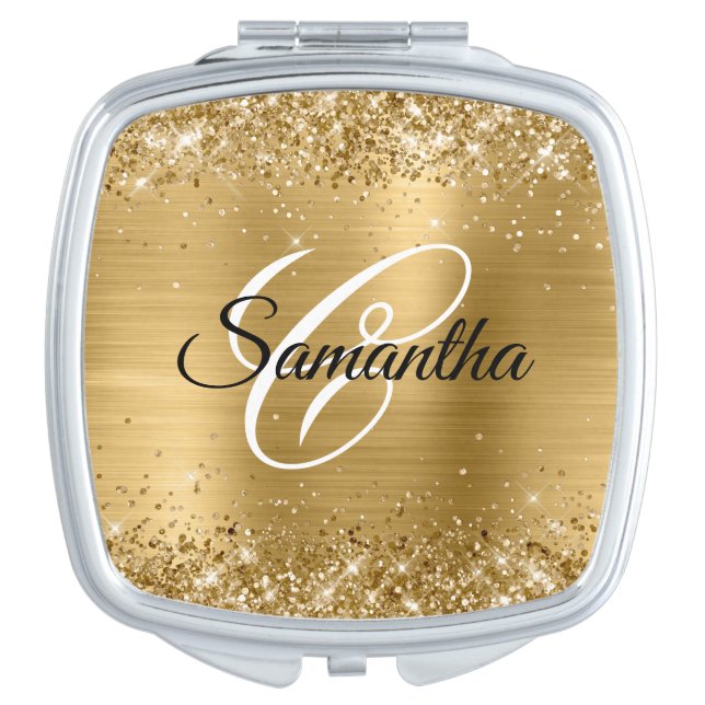 Glittery Gold Fancy Monogram Compact Mirror (Front)