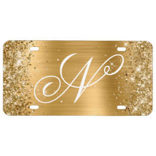 Glittery Gold Fancy Monogram License Plate