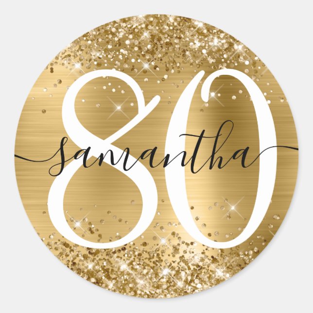 Glittery Gold Faux Foil Personalized 80 Classic Round Sticker (Front)