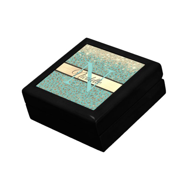Glittery Gold Feathers Monogram on Teal Gift Box (Side)