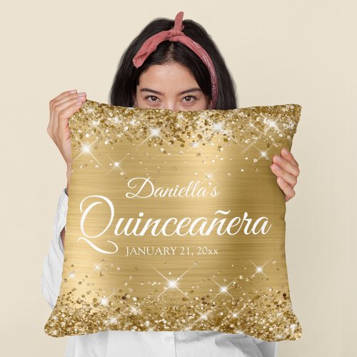 Glittery Gold Foil 15 Quinceaera Throw Pillow