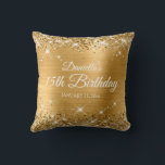 Glittery Gold Foil 15th Birthday Throw Pillow<br><div class="desc">Fabulous 15th birthday girly glam throw pillow for your daughter. The front features the number fifteen in a puffy balloon text image. The background image features a girly glam golden yellow and gold ombre brushed metal style foil with faux gold glitter digital art graphics. On the backside, you can customize...</div>