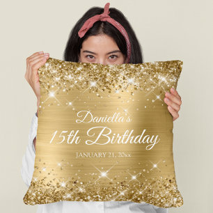 Glittery Gold Foil 15th Birthday Throw Pillow