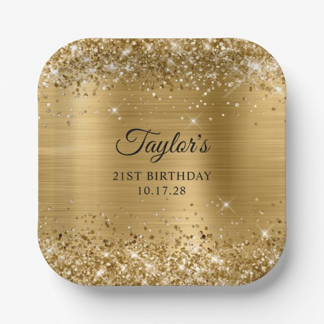 Glittery Gold Foil 21st Birthday Paper Plates (Front)