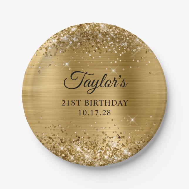 Glittery Gold Foil 21st Birthday Paper Plates (Front)