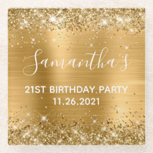 Glittery Gold Foil 21st Birthday Party Glass Coaster