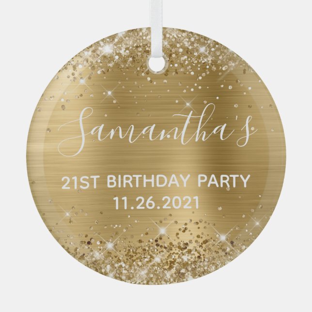 Glittery Gold Foil 21st Birthday Party Glass Ornament (Front)