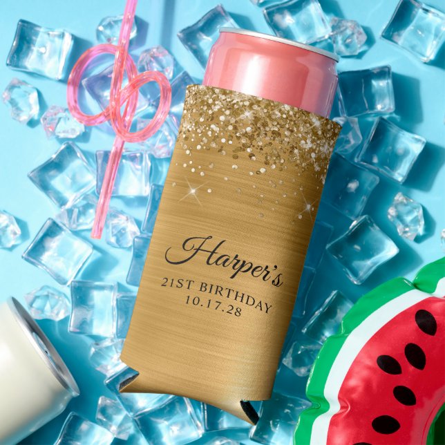 Glittery Gold Foil 21st Birthday Seltzer Can Cooler (In Situ Summer)