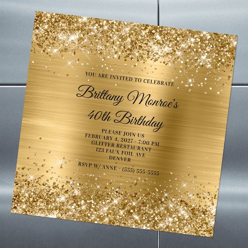 Glittery Gold Foil 40th Birthday Magnetic Invitation