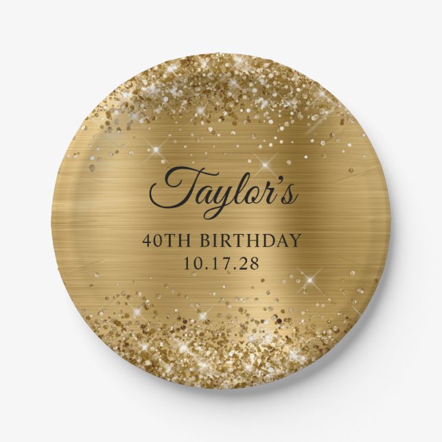 Glittery Gold Foil 40th Birthday Paper Plates (Front)