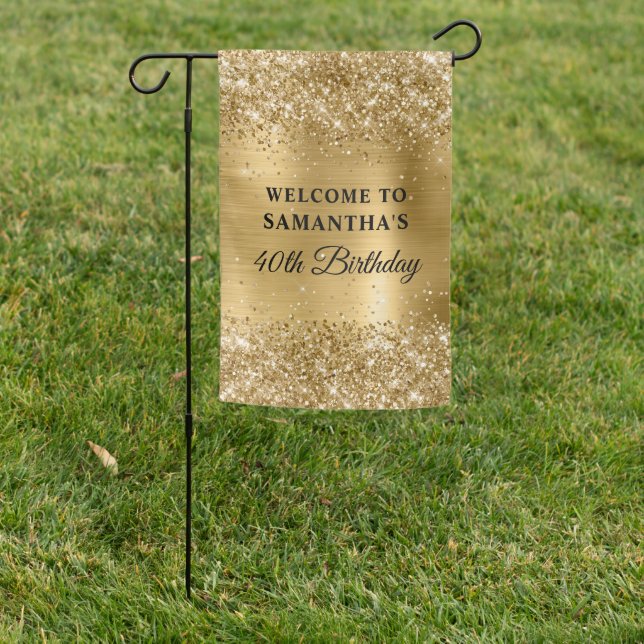Glittery Gold Foil 40th Birthday Welcome Garden Flag (In SItu)