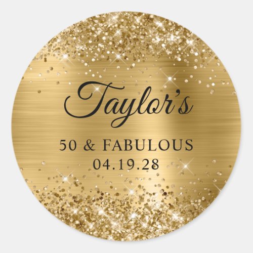 Glittery Gold Foil 50  Fabulous Classic Round Sticker