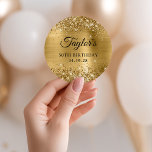 Glittery Gold Foil 50th Birthday Classic Round Sticker<br><div class="desc">Create your own 50th birthday party favor stickers. Girly faux sparkly gold glitter on the top and bottom edge, over a faux golden brushed metal style ombre foil. Customize the font styles to create your own favor sticker design for her special celebration. A classic elegant calligraphy paired with an all...</div>