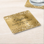 Glittery Gold Foil 50th Birthday Square Paper Coaster<br><div class="desc">Create your own 50th birthday party decorative paper coasters. Girly faux sparkly gold glitter on the top and bottom edge, over a faux golden brushed metal style ombre foil. Customize the font styles to create your own for her special celebration. A classic elegant calligraphy paired with an all caps serif...</div>