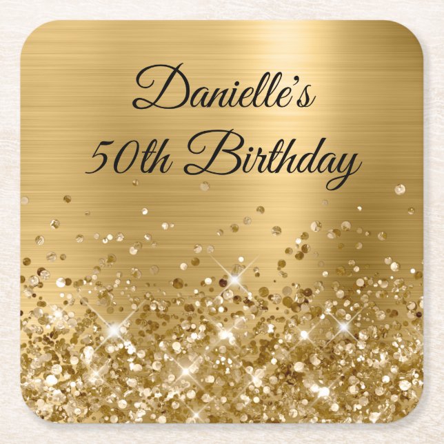 Glittery Gold Foil 50th Birthday Square Paper Coaster (Front)