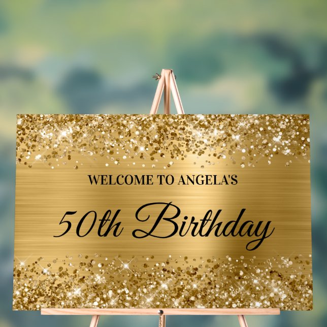 Glittery Gold Foil 50th Birthday Welcome Acrylic Sign (Neutral)