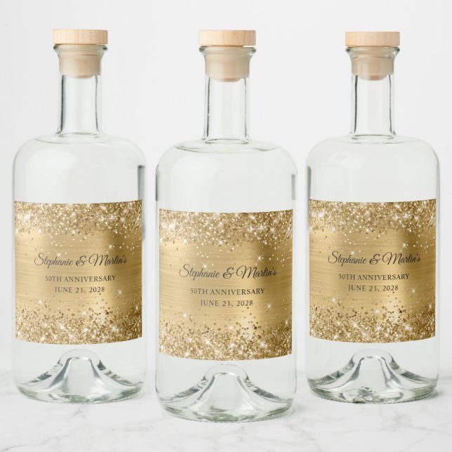 Glittery Gold Foil 50th Wedding Anniversary Liquor Bottle Label (Bottles)