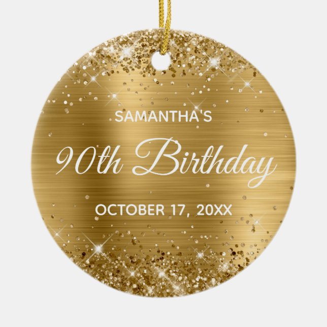 Glittery Gold Foil 90th Birthday Ceramic Ornament (Front)