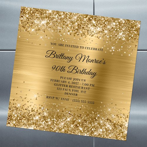 Glittery Gold Foil 90th Birthday Magnetic Invitation