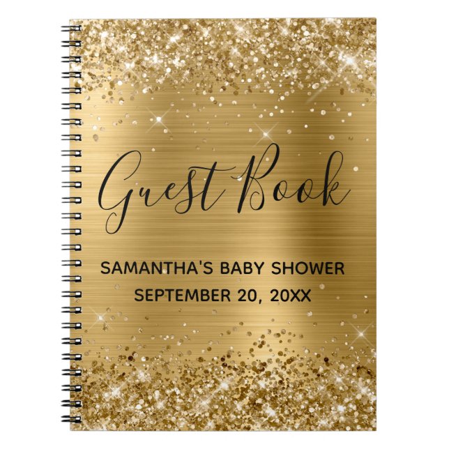 Glittery Gold Foil Baby Shower Guestbook Notebook (Front)