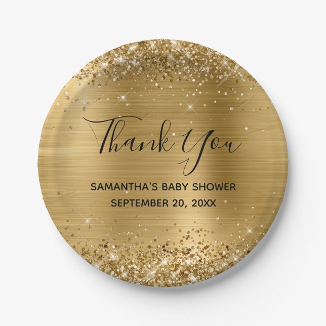 Glittery Gold Foil Baby Shower Thank You Paper Plates (Front)
