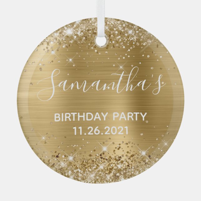 Glittery Gold Foil Birthday Party Glass Ornament (Front)