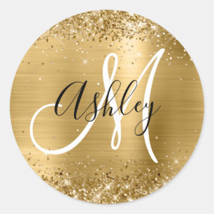 Glittery Gold Foil Black and White Monogram Classic Round Sticker