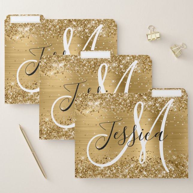 Glittery Gold Foil Black and White Monogram File Folder (Set)