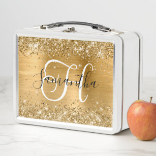 Sparkly Rose Gold Glitter Marble Ombre Monogram Metal Lunch Box