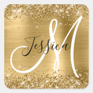 Glittery Gold Foil Black and White Monogram Square Sticker
