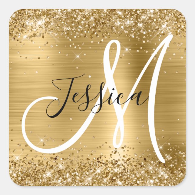 Glittery Gold Foil Black and White Monogram Square Sticker (Front)