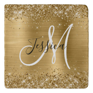 Glittery Gold Foil Black and White Monogram Trivet