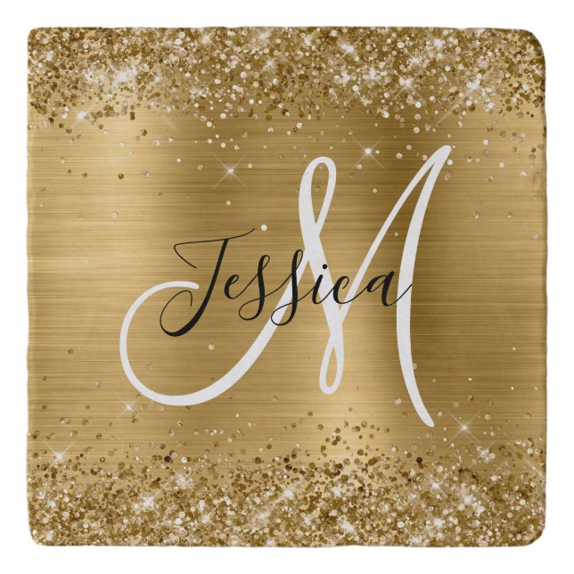 Glittery Gold Foil Black and White Monogram Trivet (Front)