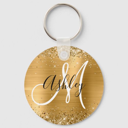 Glittery Gold Foil Black and White Monogrammed Keychain