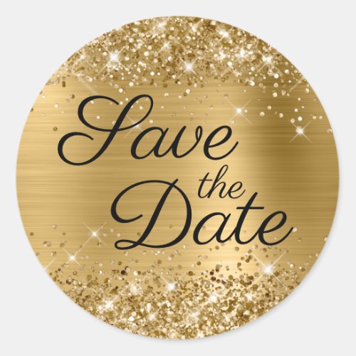 Glittery Gold Foil Black Elegant Save the Date Classic Round Sticker