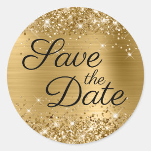 Glittery Gold Foil Black Elegant Save the Date Classic Round Sticker