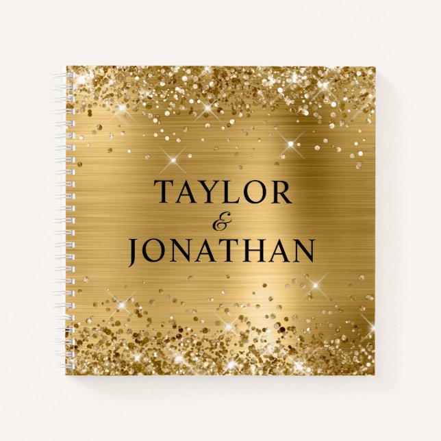 Glittery Gold Foil Bride & Groom Wedding Guest Notebook (Front)