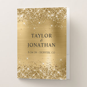 Glittery Gold Foil Bride & Groom Wedding Pocket Folder