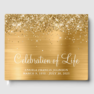 Glittery Gold Foil Celebration of Life Guest Book