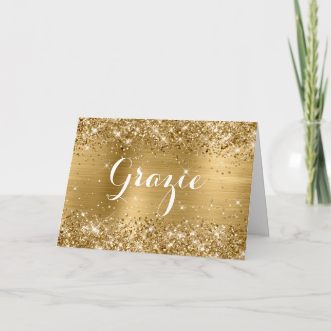Glittery Gold Foil Classic Script Grazie Thank You Card (Front)