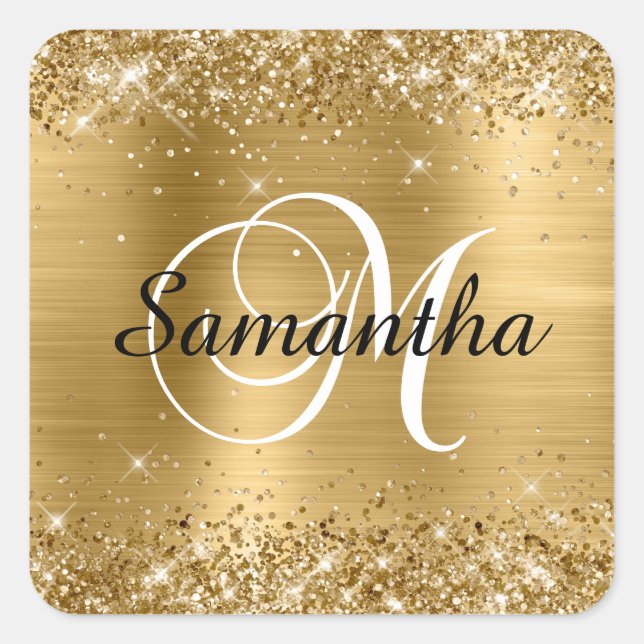 Glittery Gold Foil Classic Script M Monogram Square Sticker (Front)