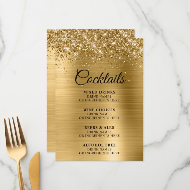 Glittery Gold Foil Cocktails Bar Menu (Front/Back In Situ)