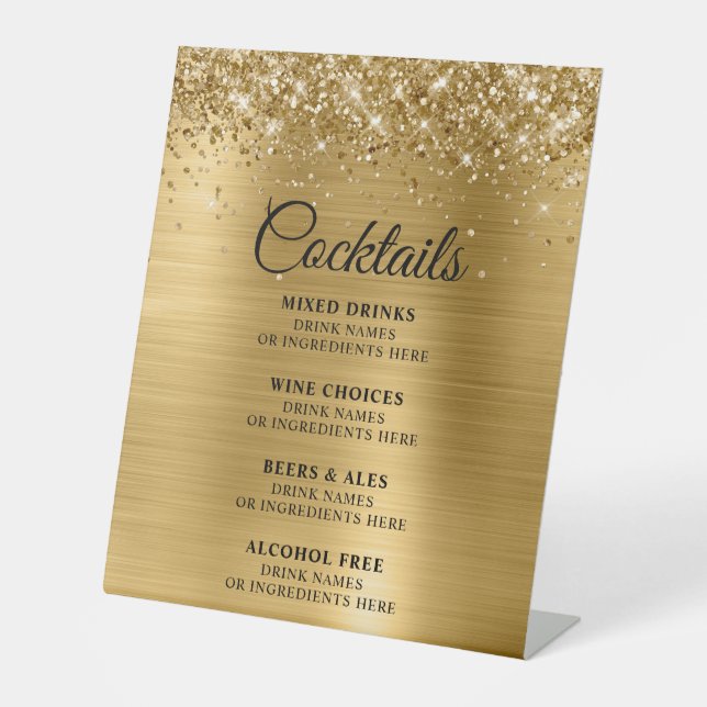 Glittery Gold Foil Cocktails Bar Menu Pedestal Sign (Front)