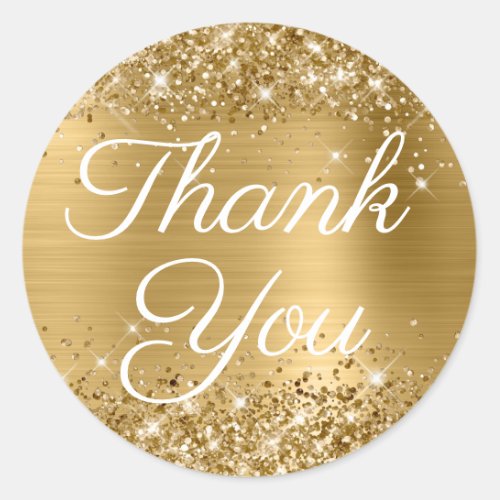 Glittery Gold Foil Elegant Calligraphy Thank You Classic Round Sticker