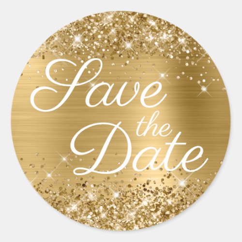 Glittery Gold Foil Elegant Save the Date Classic Round Sticker