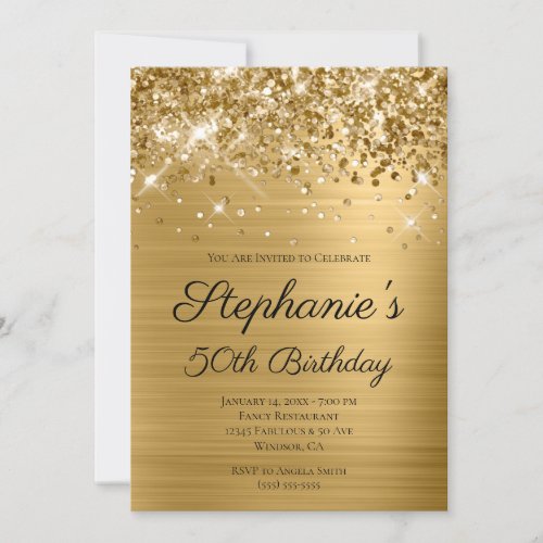 Glittery Gold Foil Elegant Script 50th Birthday Invitation